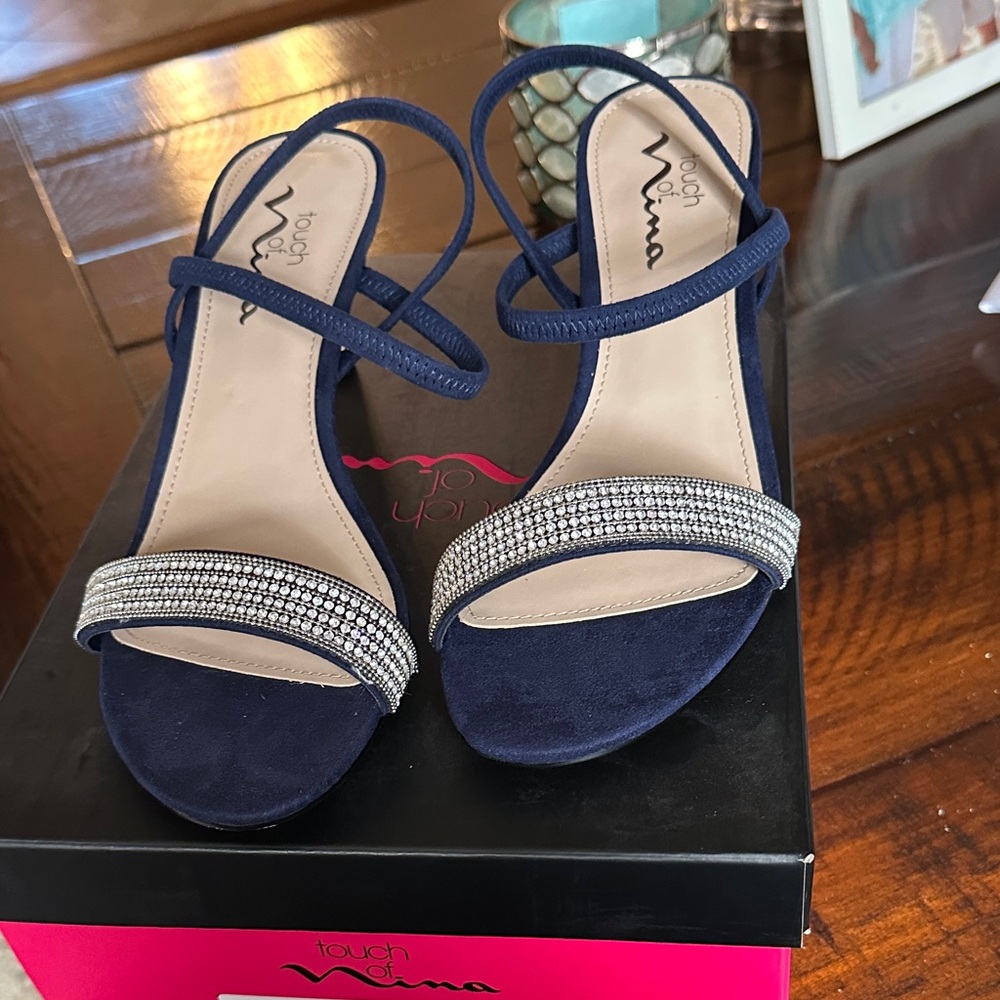 Touch of Nina Navy Rhinestone Suede Strappy Sandals